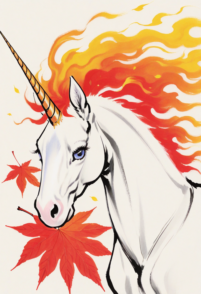 17364437-1344504914-no humans, unicorn, leaf, autumn leaves, dutch angle, eye focus, fiery hair,_BREAK__lora_Ink_wash_painting_style_from_Doubao_AI_.png